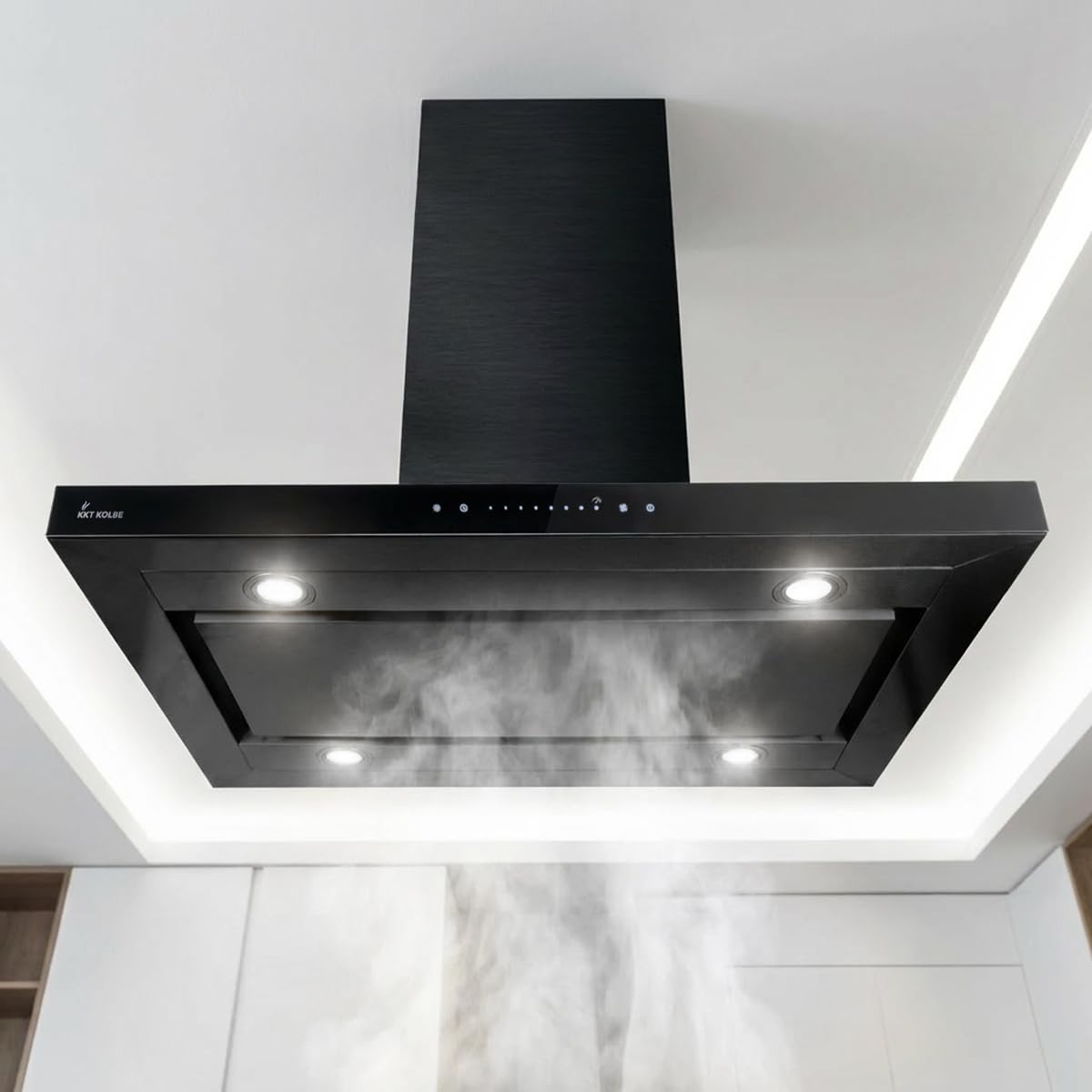 KKT KOLBE A+++ Cappa aspirante 90 cm 680 cbm/h Isola di scarico dell'aria nera vetro Smart WiFi App Wi-Fi Funzione di ricarica automatica SensorTouch con filtro a carbone FLAT-INSEL-6S