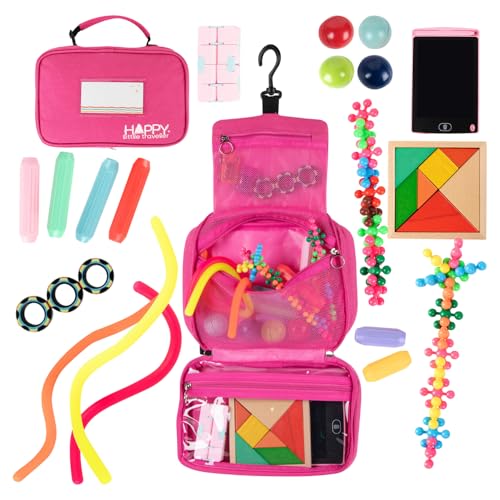 Image of Travel Essentials for Kids - All-in-One Hanging Bag with Kid Toys, Road Trip Activities for Kids, Sensory Toys & Travel Games for Airplane Trips, Car Rides, Gifts for Boys & Girls Ages 4+ (Pink)