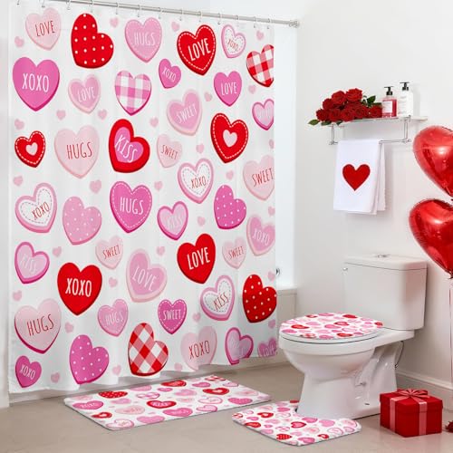 4 Pcs Valentines Heart Shower Curtain Set Red Pink...