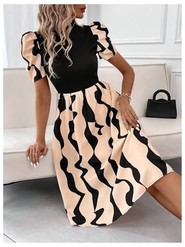 Image of GORGLITTER Women's Short Puff Sleeve Midi Dress Mock Neck Patchwork Flared Night Out Casual Dresses Brown Colorblock Small