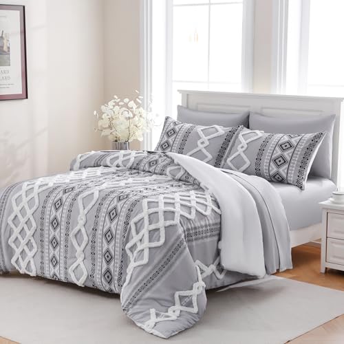 Image of MOVE OVER Gray Comforter Set Queen 7 Pieces White and Gray Tufted Bedding Set Soft Microfibr Boho Aztec Comforter Set Warm and Lightweight Shabby Chic Bedding Set for Year-Round