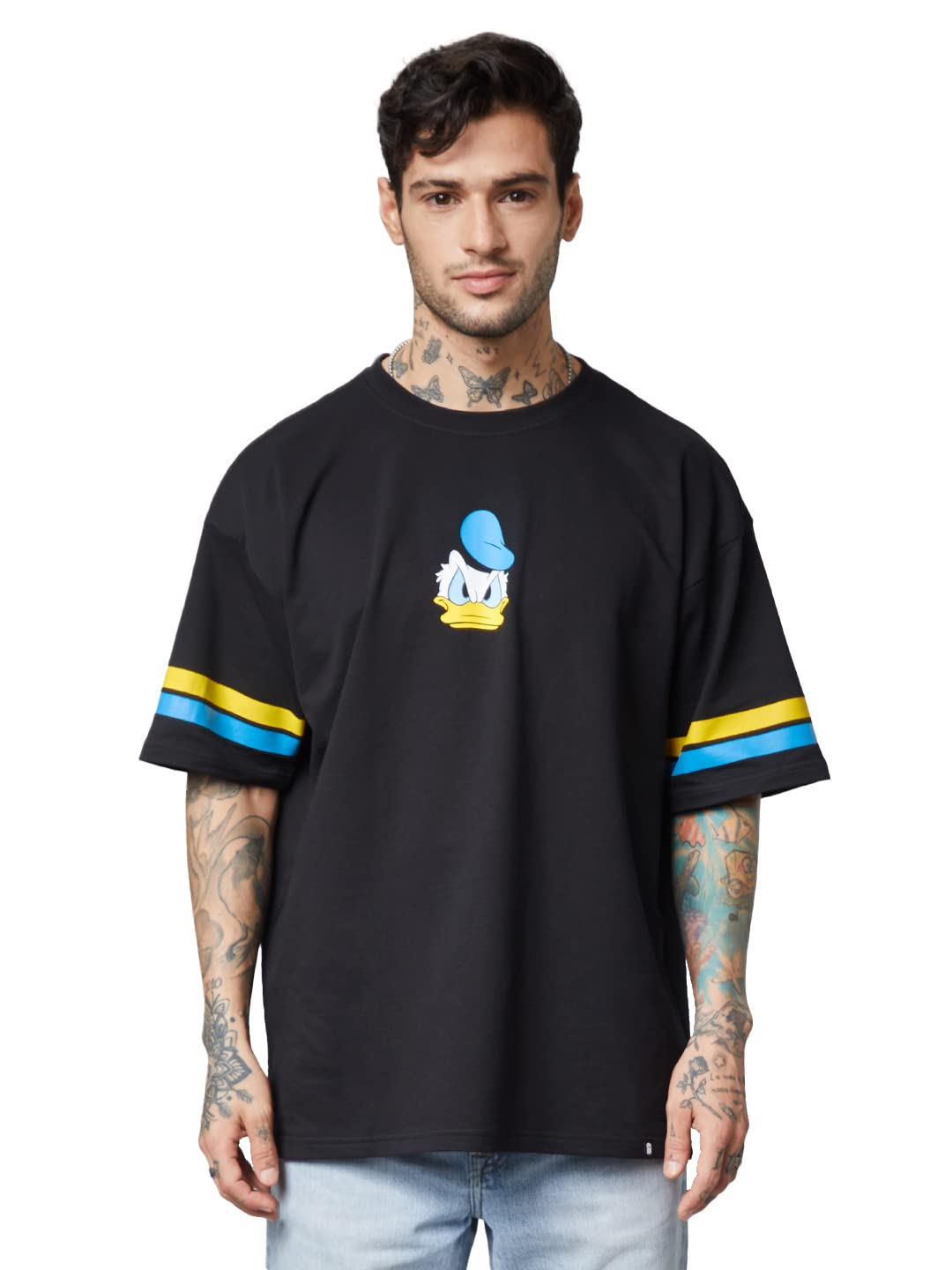 The Souled Store| Official Donald Duck: Caution Mens and Boys T-Shirts |Half Sleeve| Loose fit Graphic Printed| 80% Cotton 20% Polyester Black Color Oversized T-Shirts