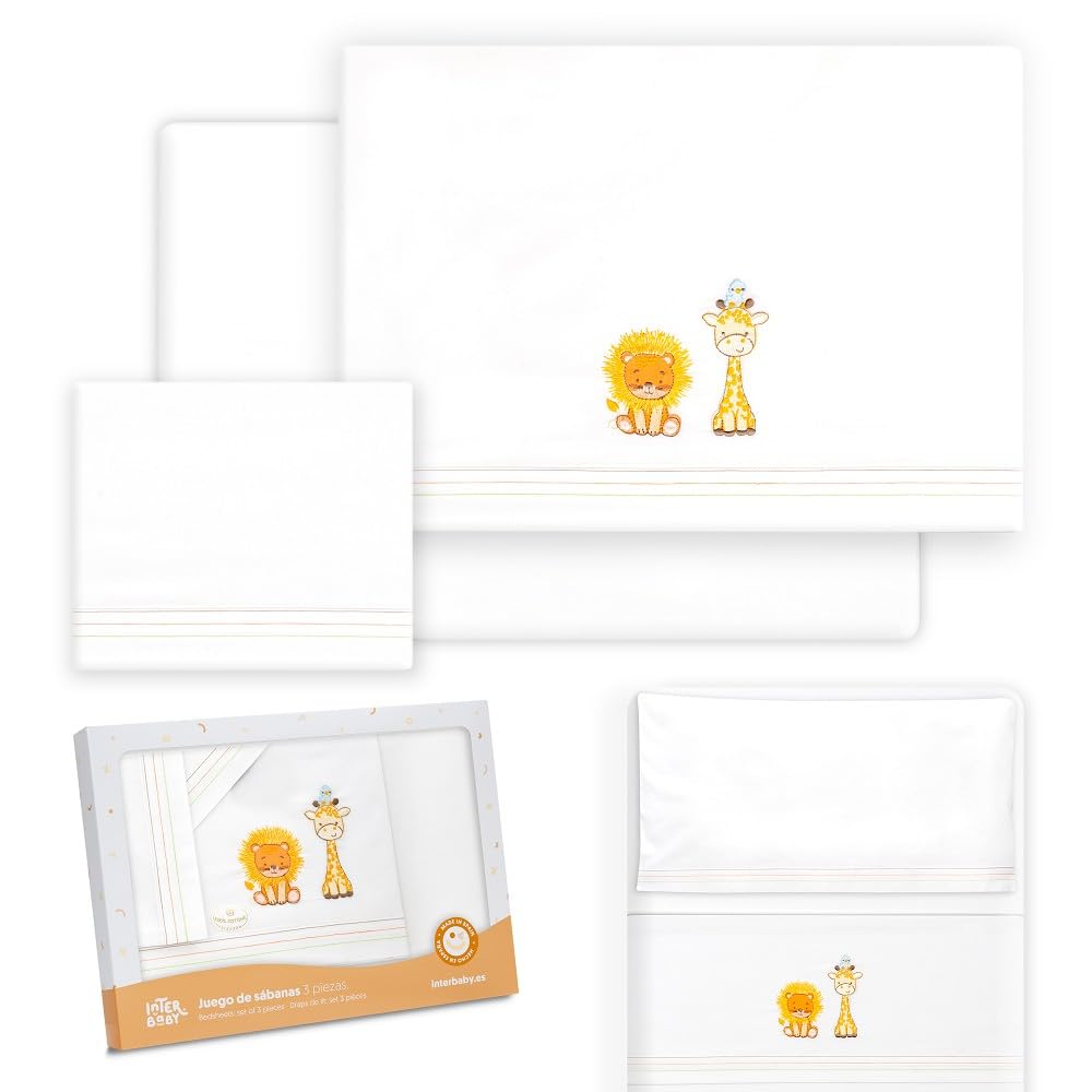 Interbaby - Parure de lit pour Berceau 50 x 80 cm, 100% Coton, avec Drap-Housse, Drap Plat et taie d'oreiller, idéale pour Printemps, été, Lion Girafe Oiseau Blanc