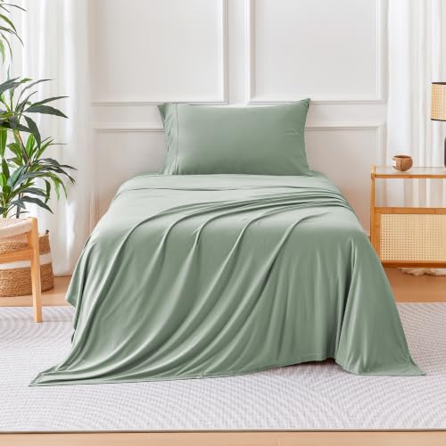 Image of Amazon Basics Jersey Knit 3-Piece Sheet Set, Wrinkle Resistant and Easy Fit, Includes 16 inch Deep Pocket Fitted Sheet, 1 Flat Sheet and 1 Pillowcase, Twin, Sage Green