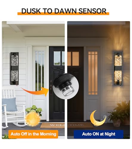 Image of Outdoor Wall Light, 12W 18.5 inch Dusk to Dawn Porch Lights, 2 Pack Black | IP65 Waterproof, Crystal Ripple Design, Oversize Modern Exterior Sconce, Hardwired,Auto On /Off,for House Garage Entryway