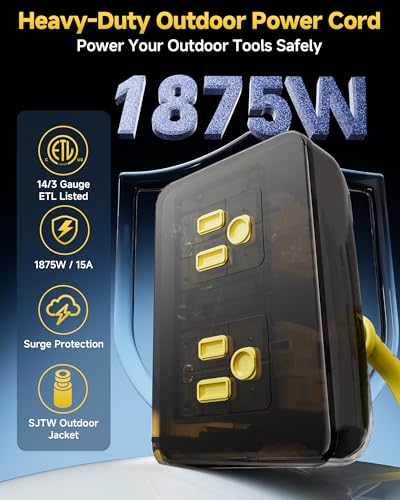 Image of Outdoor Extension Cord, 15 Ft Outdoor Power Strip with Surge Protector, 1875W /15A, IP66 Waterproof, Heavy Duty Extension Cord with Multiple Outlets for Patio, Garden, Pool, RV