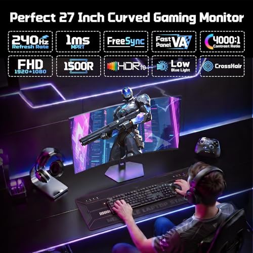 Image of Hikers 27 Inch 240Hz Curved Gaming Monitor, FHD 1080P Computer Monitor 4000:1 Contrast Ratio Fast VA with MPRT 1ms, 130% sRGB 1500R HDMI DP VESA 100x100, (G27H1F, One HDMI Cable Included)