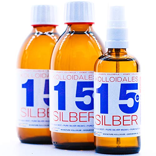 600ml Argento colloidale - 2 bottiglie da 250 ml/15 ppm argento colloidale + spray (100 ml/15 ppm) - 99,99% puro Argento - migliore qualità - Made in Germany