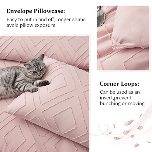 Frohaul Boho King Comforter Set,Blush Pink Rhombus Tufted King Size Comforter Set With Corner Loops,3 Pieces Embroidery Shabby Chic Bedding Comforter Sets For All Seasons(Blush Pink,King) #TOP4