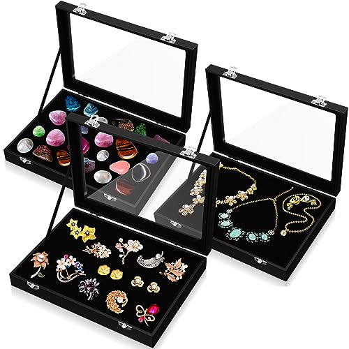 Huquary 3 Pcs Wooden Jewelry Box Glass Top Display Cases for Collectables with Glass Window on Top - Organizer for Rings, Bracelet, Necklace (11 x 7.9 x 2 Inches)