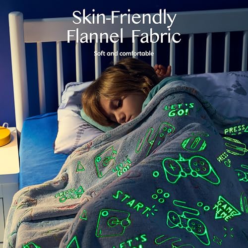 Joiedomi Glow in The Dark Gaming Blanket Gamer Gifts for Boys Age 2 3 4 5 6 7 8 9 10 11 12 Year Old, Soft Cozy Flannel Kids Throw Blanket, Birthday Bedroom Decor Grey 50"×60"