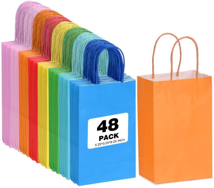 Paquete de 48 bolsas de regalo pequeñas con papel kraft de 8 colores, 5.25 x 3.25 x 8.25 pulgadas, bolsas de recuerdo de fiesta con asas para