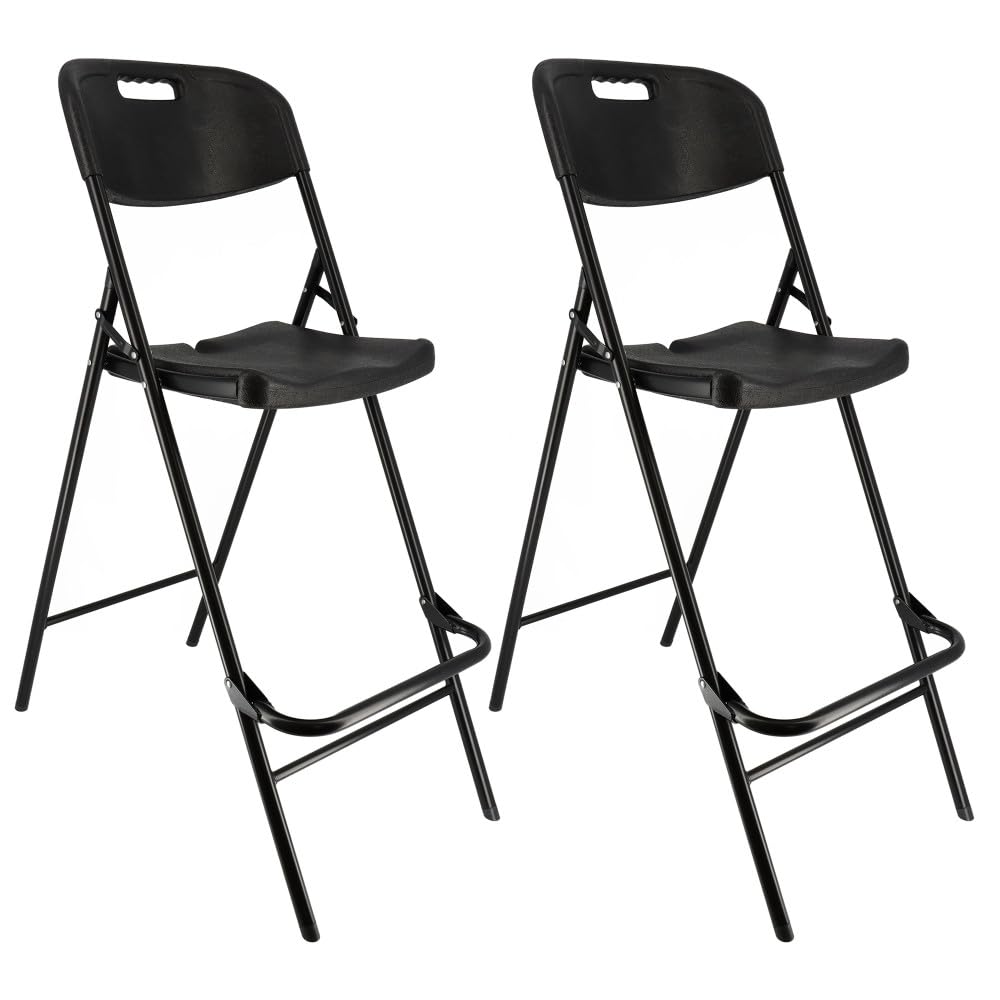 Lot de deux chaises de bar pliantes noires - Ht 120cm - Chaises hautes pliantes - Cadre en acier - avec dossier et repose pied