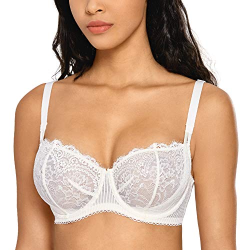 Dobreva Women's Sexy Lace Push Up Plus Size Bra Sheer Balconette Underwire Unlined Ivory_Eyelash Lace 38C #TOP4