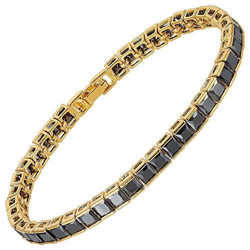 RIZILIA Tennis Bracelet & Square Cut CZ [Simulated Black Onyx] in Yellow Gold Plated, 7