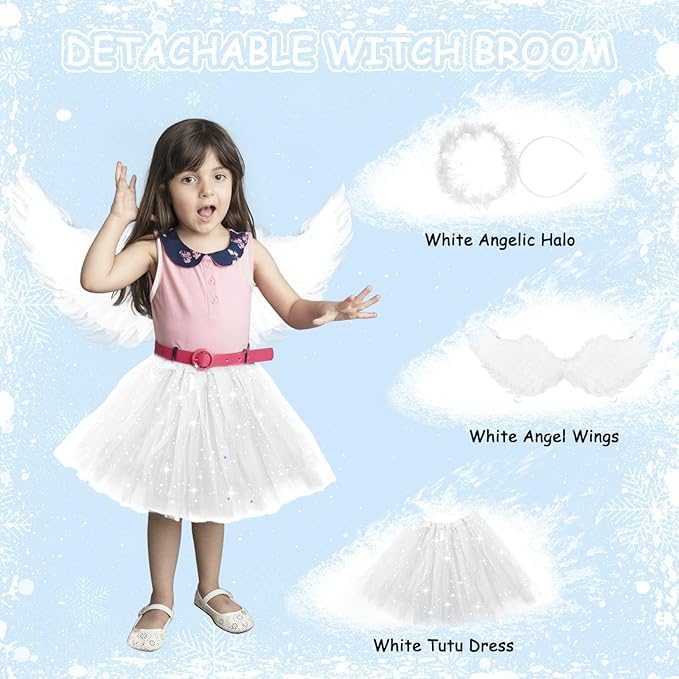 Luchild Angel Wings and Halo for Kids 5pcs Fancy Dress Up Dress Halloween Party Costume for Girls, White, Children's Sizes - Image 3