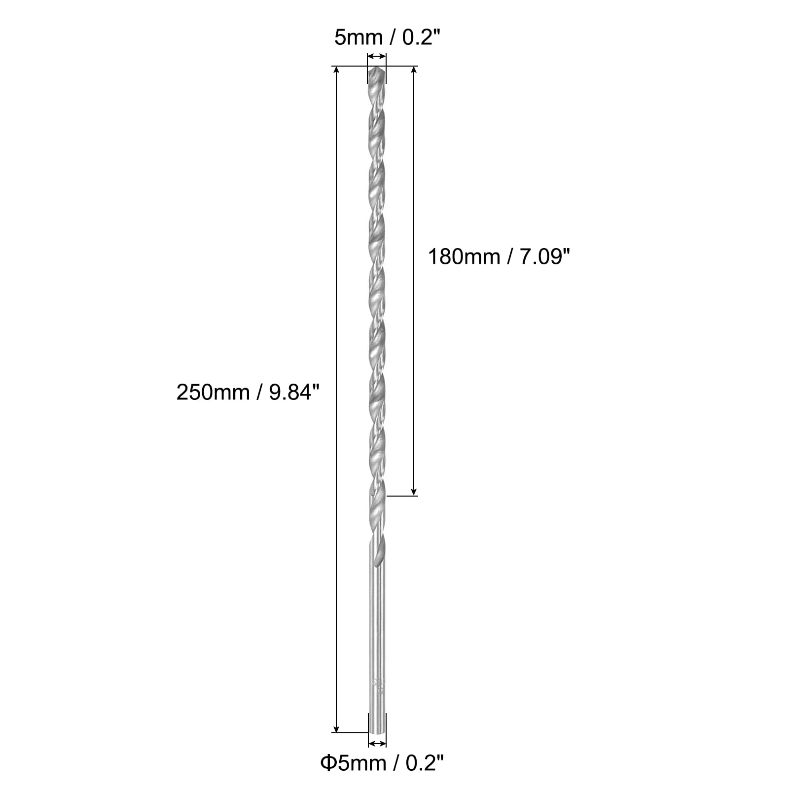 QUARKZMAN 2 Stück 5mm Metallbohrer Extra lang 250mm, HSS Bohrer, Universal-Rundschaftbohrer für Edelstahl, Holz, Aluminium, Eisen, Metall, Kunststoff, Silber