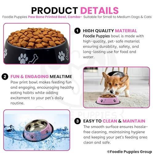 Image of Foodie Puppies Stainless Steel Dog Bowl Combo - (Medium, 700ml) Food and Water Feeding Gift Bowl | Suitable for Dogs, Cats and Other Pets I Paw Bone Print, Anti-Skid Rubber Base (Pink + Black)