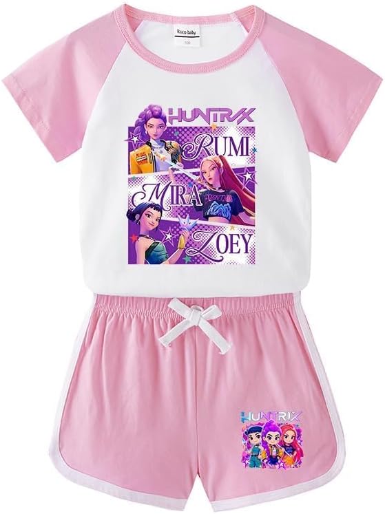 Summer Pink 2 Piece Demon Short-Sleeve Sports Set Girls 3–14 Yrs Hunters T Shirt Shorts-Gifts for Girls