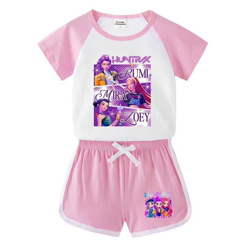 Looksalot Summer Pink 2 Piece Demon Short-Sleeve Sports Set Girls 314 Yrs Hunters T Shirt Shorts-Birthday Holiday Gift for Girls (Pink 7-8 Years)