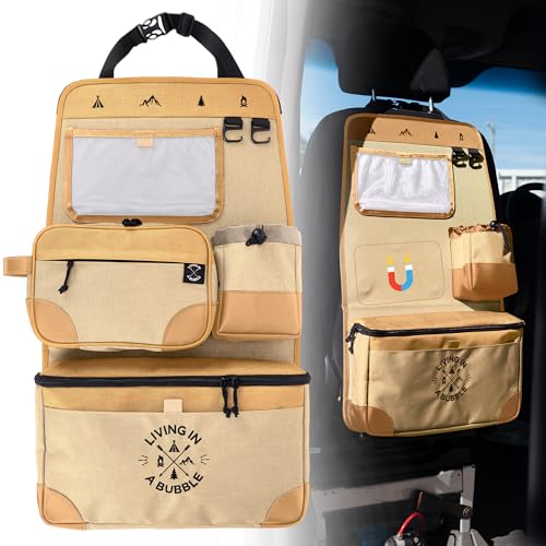 Image of Living in a Bubble Seat back Organizer - Magnetic Toiletry and Cooler Pouch, Cordura Car Backseat Storage with Device Holder & Hooks, Multi-Compartment Utility Bag for Campervans & Family Travel