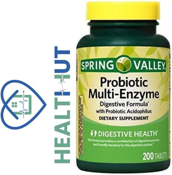 Spring Valley Probiotic Multi-Enzyme Digestive Formula Tablets, 200 Count + 1 Mini Pill Container with Key Chain (Colors May Vary)