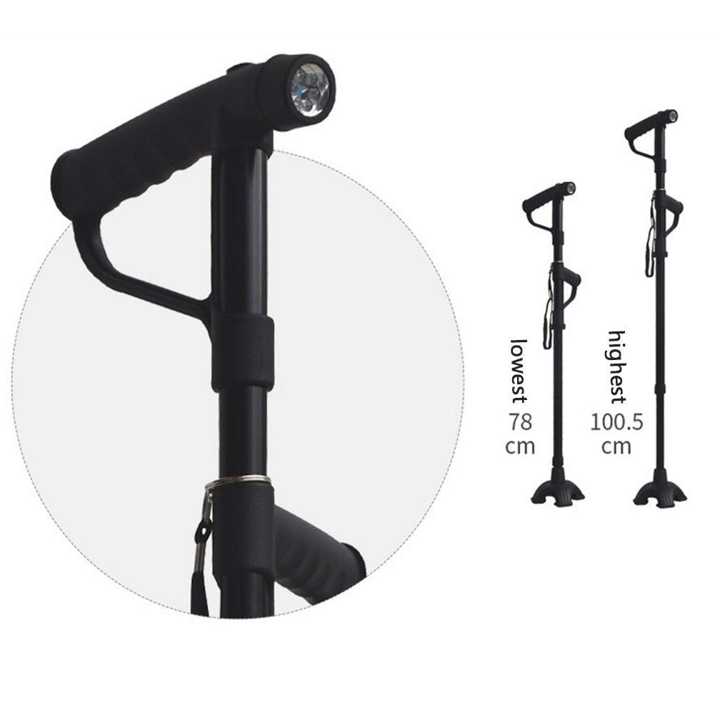 Bastón Plegable, bastón para Caminar con luz LED, Cuatro Patas Antideslizantes/aleación de Aluminio, Mango Doble, Altura Ajustable 86-98 cm, para Acampar, Escalar, Correr, muletas Times