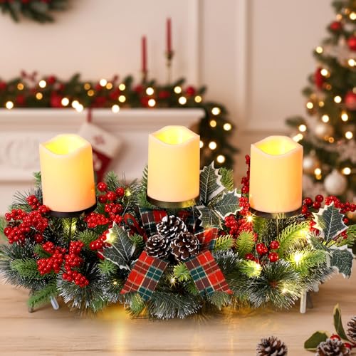 Baquler LED Christmas Candle Holder Centerpiece with 3 Candle Led Battery Operated Artificial Christmas Table Decorations Base Candelabrum for Dining Room Kitchen Indoor Home (Red and Green)