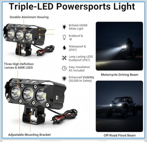 Image of 3 Lens LED Auxiliary Fog Light Amber Yellow | Waterproof Driving Lamp for Motorcycle & Scooter | Universal Fit 12V | Wide Beam Visibility | With Mounting Bracket