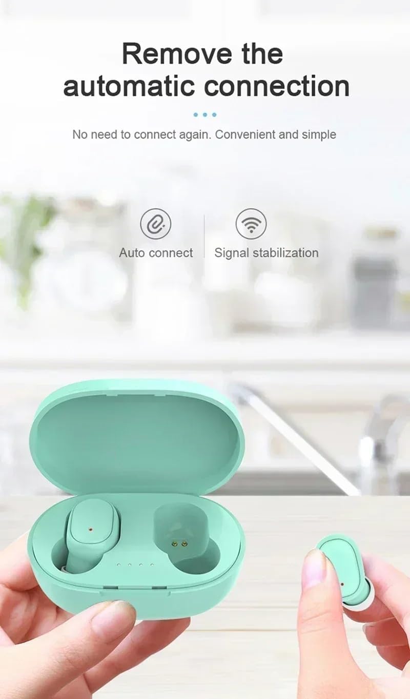 Green A6S TWS Earphones in case with text 'Remove the automatic connection'
