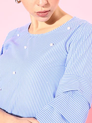 Image of Style Quotient Women Blue & White Striped Studded Top