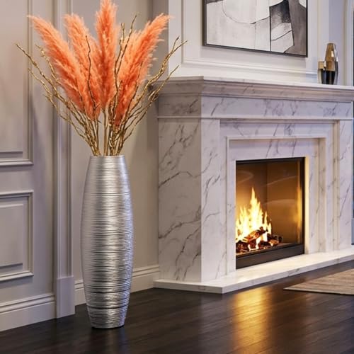 Image of Large Floor Vase 35.4 inch Silver Metallic, Resin Wide-Body Vase with Horizontal Ribbed Texture for Dried Pampas Grass Branches, Modern Home Decor for Living Room Corner Entryway