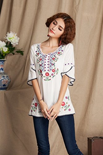 Image of Mexican Shirts Peasant Blouses Cotton Embroidered 3 /4 Sleeve Bohemian Tops Boho Clothes for Women Summer Fiesta