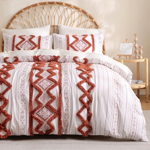 Image of Herside 100% Cotton Boho Duvet Cover Set King Size,Shabby Chic Aztec Western Brick Red Tufted Bedding,Farmhouse Luxury 3 Piece Textured Quilt Duvet Set for All Season Home Decor