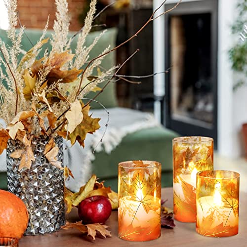 Image of Fall Decor Flameless Candles, Battery Operated with Remote, Maple Leave Glass LED Flickering Candles Realistic Pillar Candles with Timer Home Decor Candles for Thanksgiving, Fall, Halloween