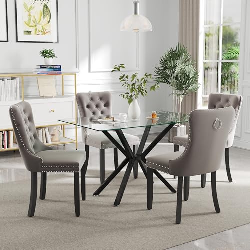 HAIZAO 5 Pieces Modern Luxury Glass Dining Set, Minimalist Rectangle Dinner Room Set for 4, 47'' Clear Glass Top Kitchen Table Set with Black Base, Grey Tufted Chairs, for Small Apartment Home