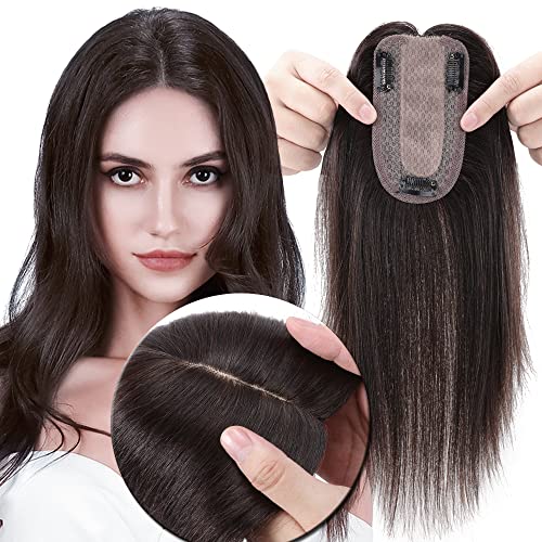 My-Lady Human Hair Toppers For Women Real Remy Hair 150% Density 7 * 13Cm Silk Base No Bangs Clip In Hair Pieces Straight Hairpiece For Thinning Hair 12 Inch #02 Dark Brown #TOP8