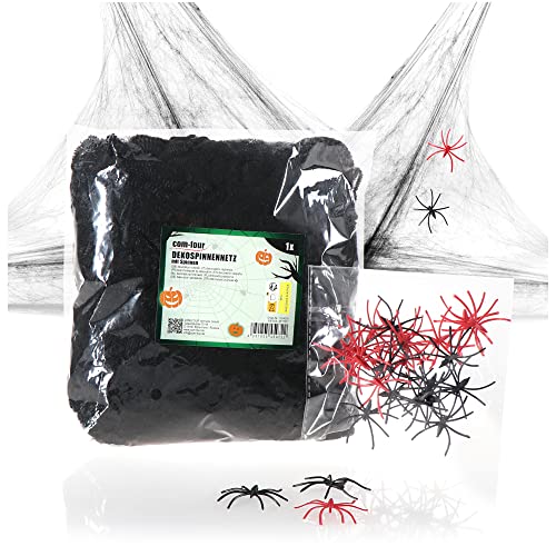 com-four® 200g Tela de araña Decorativa con 24 arañas - telaraña Negra Espeluznante - telarañas como decoración para Halloween, Carnaval y Fiestas de Terror (0200g Red Negra - 24 arañas)