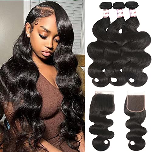 Katspon Bundles with Closure Brazilian Body Wave 3 Bundles with Closure Virgin 100% Unprocessed Human Hair Extensions 4x4 Free Part Lace Closure Natural Color (16 18 20+14)