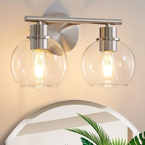 Miniatura 8 de Lámpara de baño sobre espejo, 2 luces, lámpara de tocador de baño con pantalla de vidrio transparente de 13.4 pulgadas, moderna lámpara de tocador