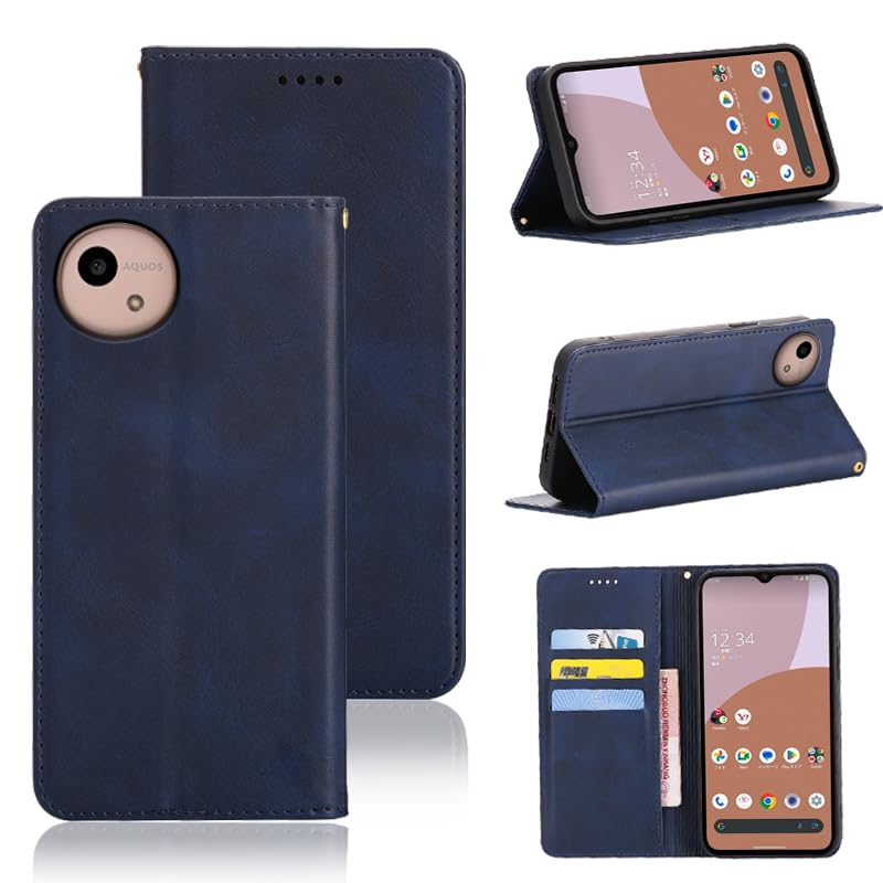 適用 AQUOS wish5 ケース 手帳型 wish5 手帳型ケース スマホケース カバー 手帳型 PUレザー カード収納 財布型 耐衝撃 ケース マグネット スタンド機能付き 5色(AQUOS wish5 SH-52F 用 ケース 手帳型) (深い青)