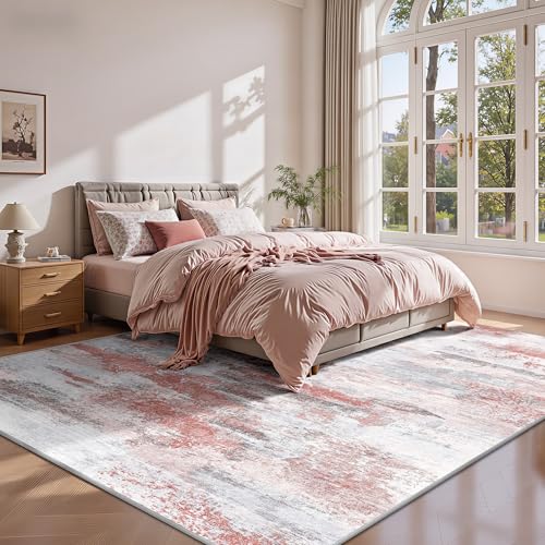 Image of 8x10 Rugs for Living Room - Modern Abstract Washable Rug, Ultra Soft Non Slip Low Pile Large Rugs, Floor Carpet for Bedroom Dining Room Office Laundry Nursery Home（Pink & Grey）