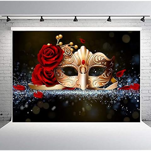 PHMOJEN 7x5ft Golden Mask Red Rose Backdrop, Mardi Gras Masquerade Party Supplies, Vinyl Photo Background Booth Props BJYYPH16 Cover