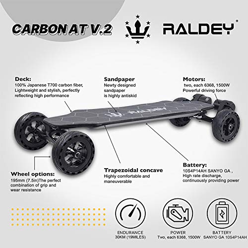 RALDEY V2 Carbon Fiber Off-Road Skateboard Electric Skateboard All Terrain Longboards with Remote 28MPH Top Speed 3000W Dual Belt Motor 19 Miles Range Suitable for Adults Teens