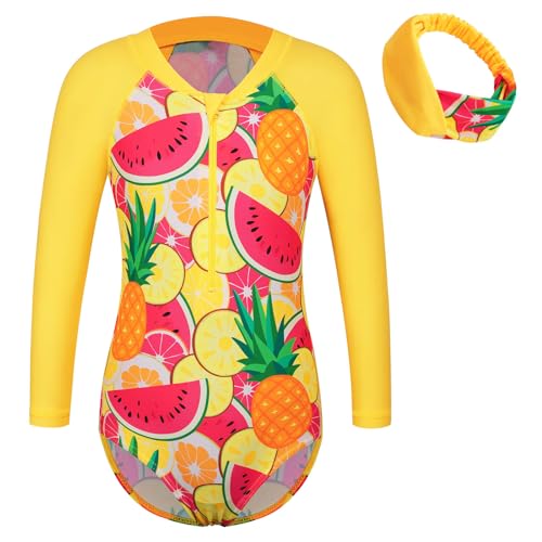Girls One Piece Swimsuit Long Sleeve Beach Bathing Suit UPF 50+ Sun Protection Rashguard Swimwear with Hairband & Shorts