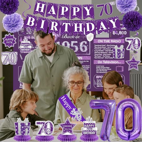 Image of Crenics Purple 70th Birthday Decorations for Women - Back in 1956 Backdrop, Banner, Swirls, Centerpieces, Sash, Paper Pom Poms, Cake Topper and Balloons for 70 Birthday Party Supplies
