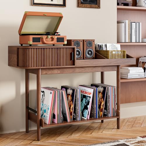 Mid Century Modern Record Player Stand, Vinyl Record Storage with Fluted Sliding Doors, Large Record...