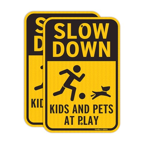 GicnKeuz Slow Down Kids and Pets at Play Sign, 18 x 12 Inches Slow Children at Play Sign for Streets & Neighborhoods, Engineer-Grade Reflective Aluminum, Rustproof & Fade-Resistant, Outdoor Use. (2 Pack)