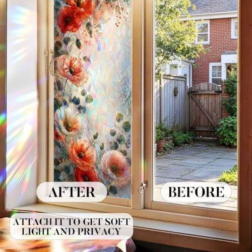 Image of Watercolor Poppy Holographic Window Film 17.32x39.37in Cling