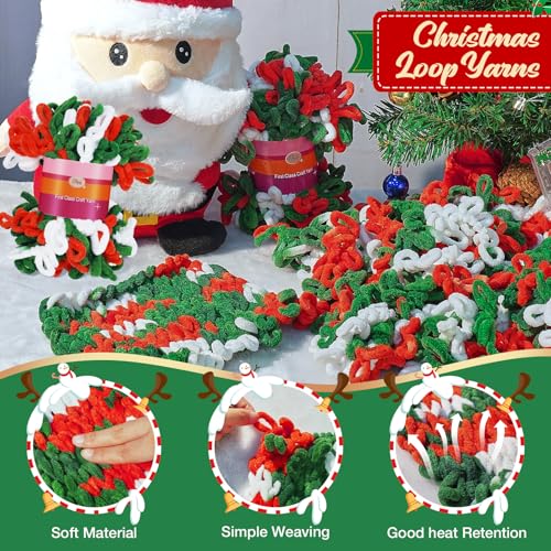 Image of Threlaco 6 Skeins Christmas Loop Yarn Finger Loops Yarn Bulk Soft Chunky Yarns 600 g for Christmas Yarns Beginners Knitting No Needles or Hooks Crochet Gift Craft (Red, White, Green)